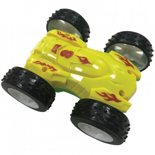 yellow toy flip car has red flames with the number 8 on it. push it forward and watch it flip around when hiting s surface