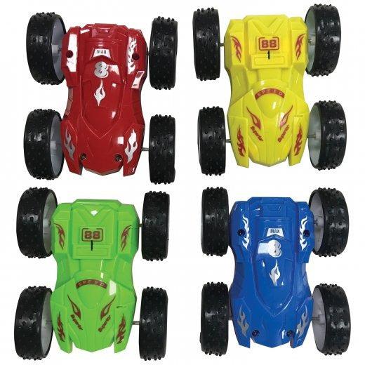 image shows 4 friction toys with the colors, red, yellow, green and blue.