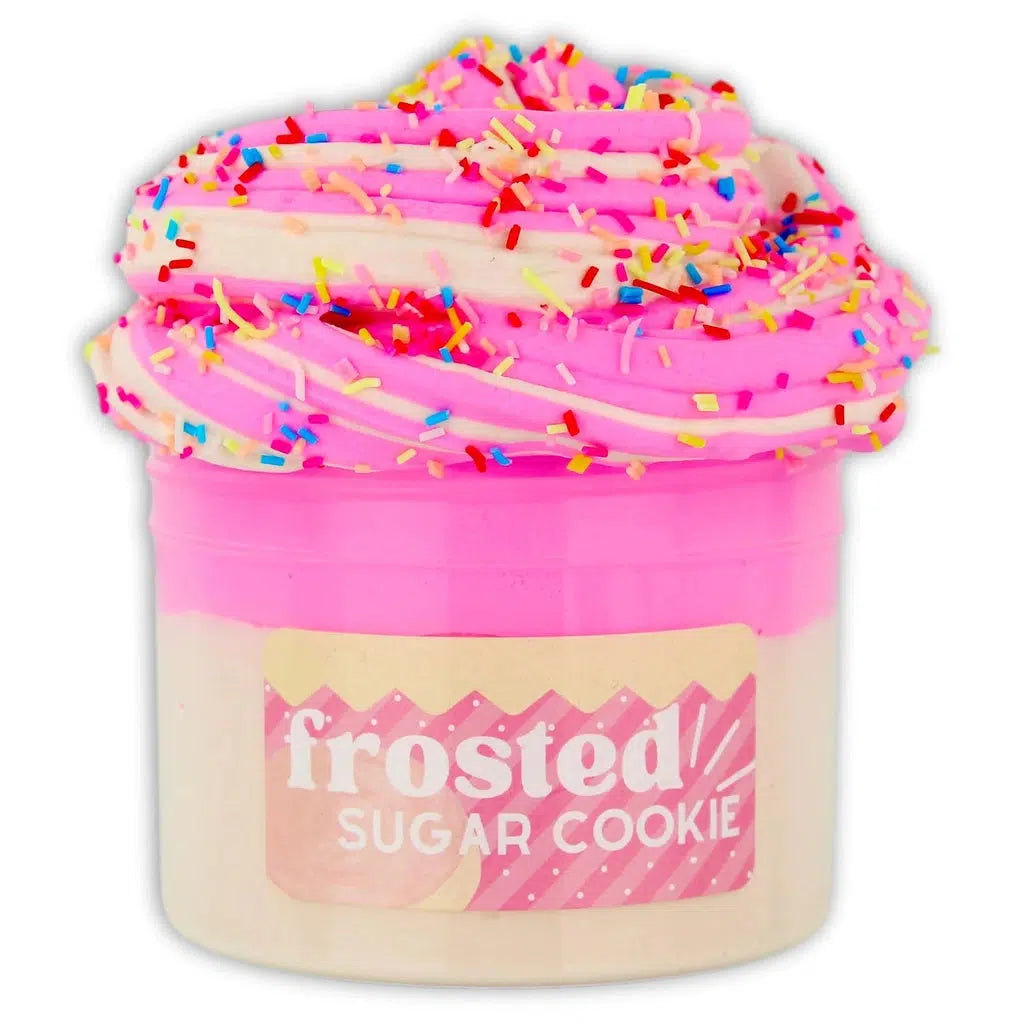 Image of the open Frosted Sugar Cookie slime. It is a dual colored opaque slime with a tan bottom and a pink "frosting" top. It comes with rainbow sprinkles on top.