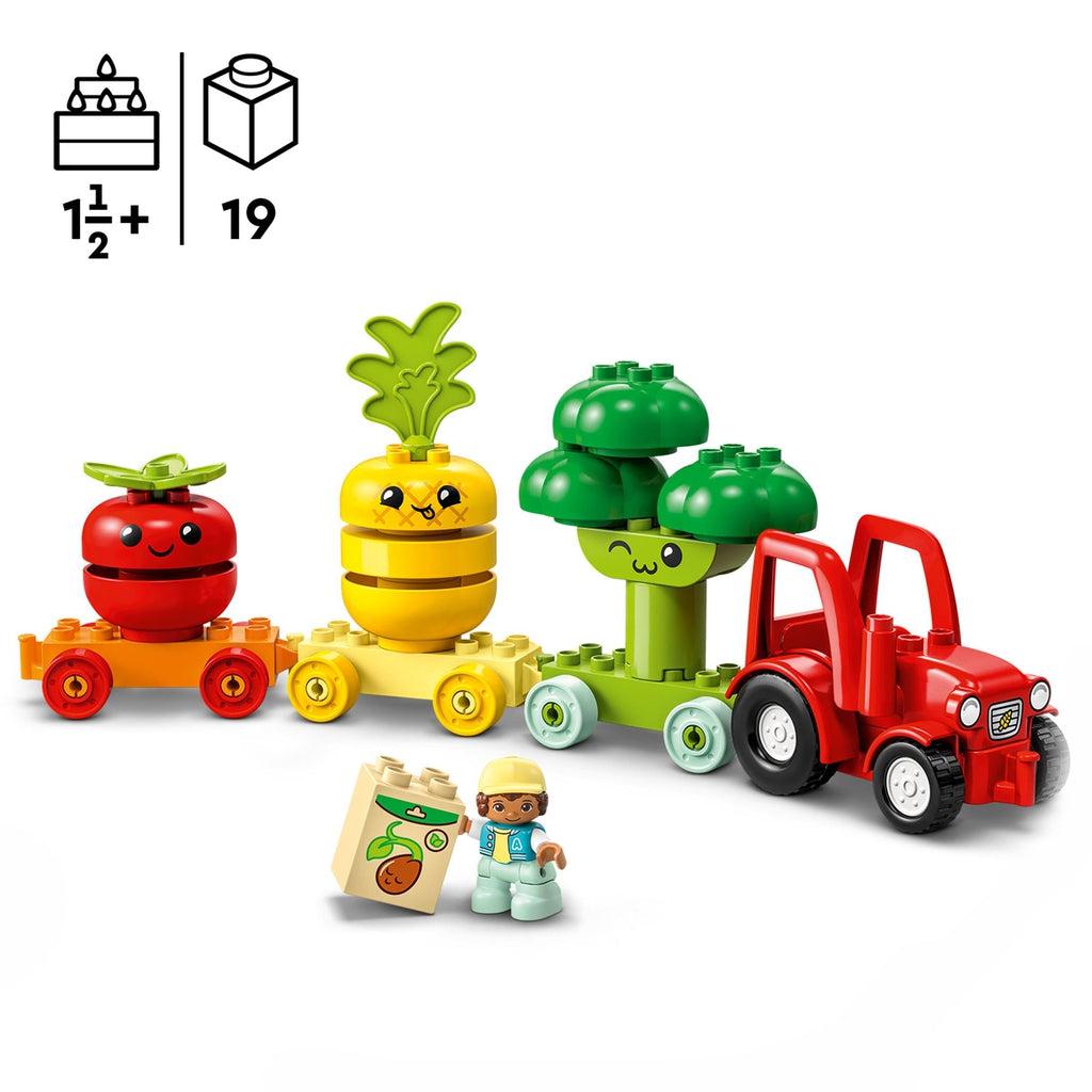 Image of the full LEGO Duplo set. It comes with a red tractor, and three other cars for the fruits and veggies to ride on. Recommended Age: 18mo+ Number of Pieces: 19