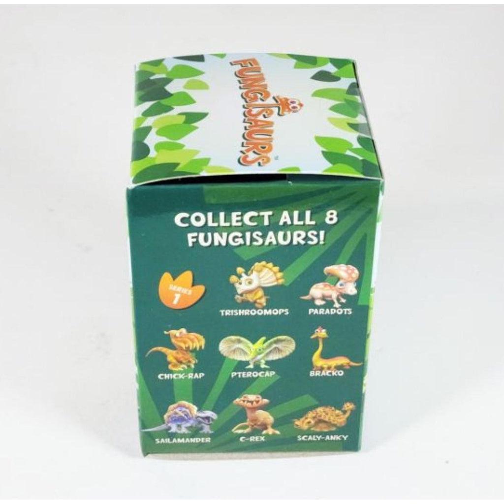 Image of the side of the blind box. It shows that there are eight different fungisaurs that could be in there. Their names are puns on dinosaurs and mushrooms.