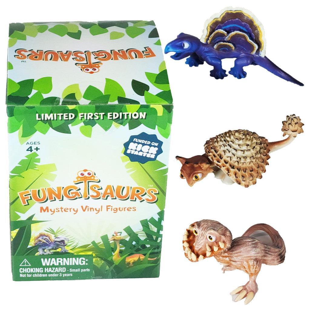 Image of some of the possible Fungisaurs Mystery Vinyl Figures that you could recieve. Each one is a dinosaur mixed with a type of mushrom.