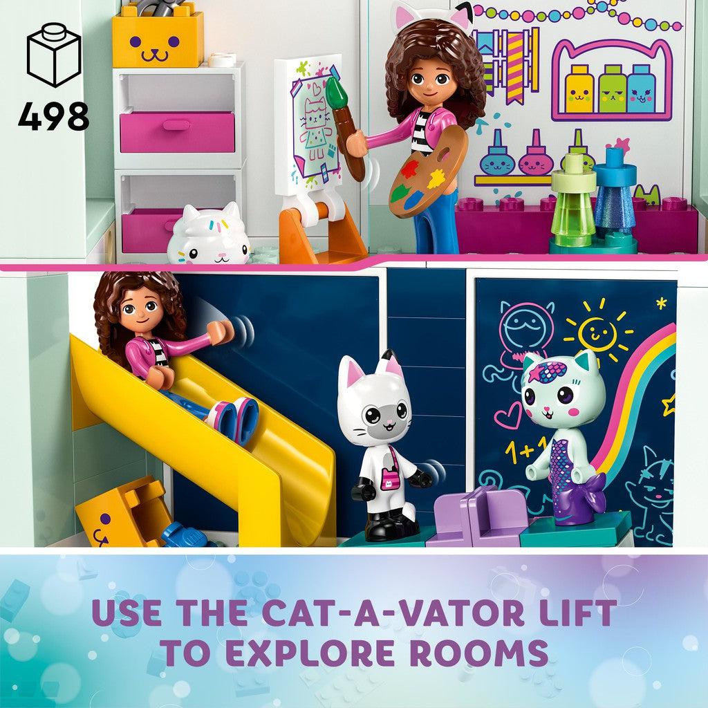498 LEGO pieces inside. use the cat-a-vator lift to explore rooms. 