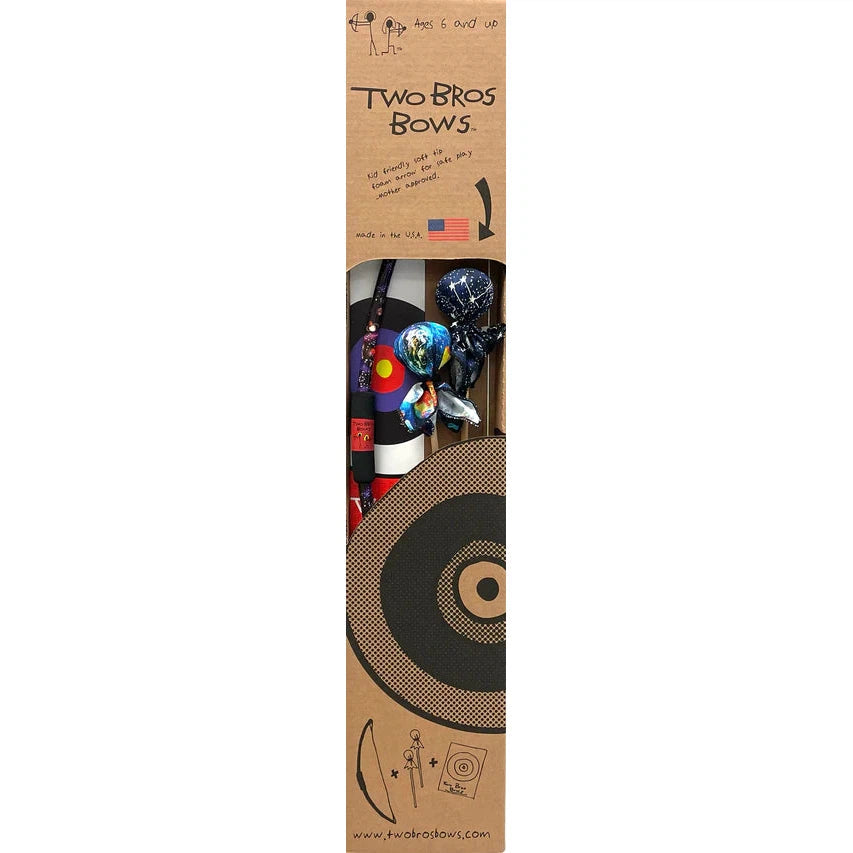 cardboard box with "childish" writing for the name and the picture of a target. The bow, two arrows, and a target can be seen through an opening in the middle
