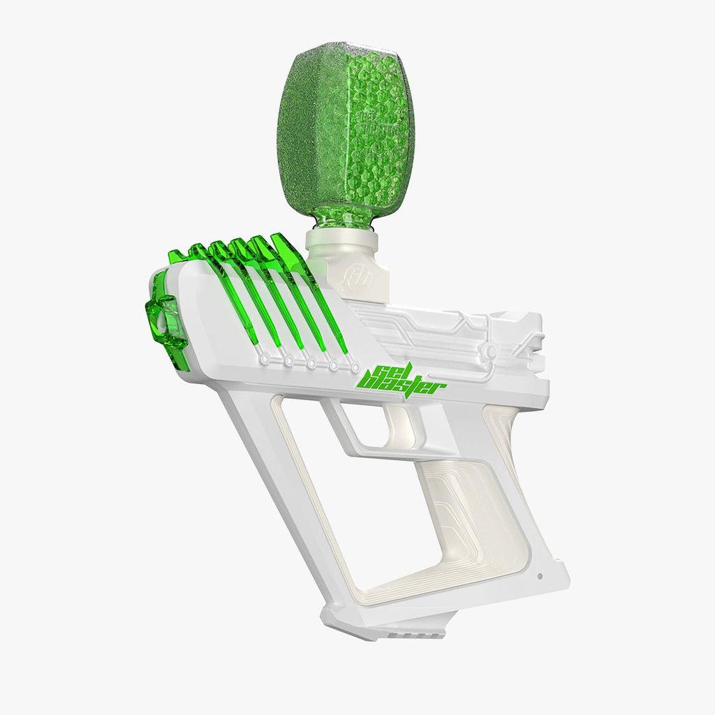Image of the Surge Blaster by Gel Blasters. It is a white gun with green accents. It has the logo on the side of the gun in green. 