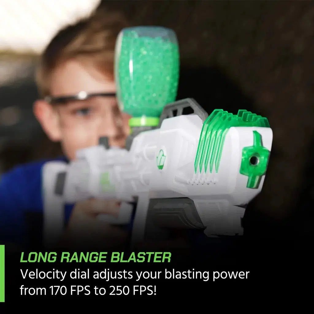boy wearing safety glasses holding a surge xl blaster | Text reads: Long Range blaster, velocity dial adjusts your blasting power from 170 FPS to 250 FPS!