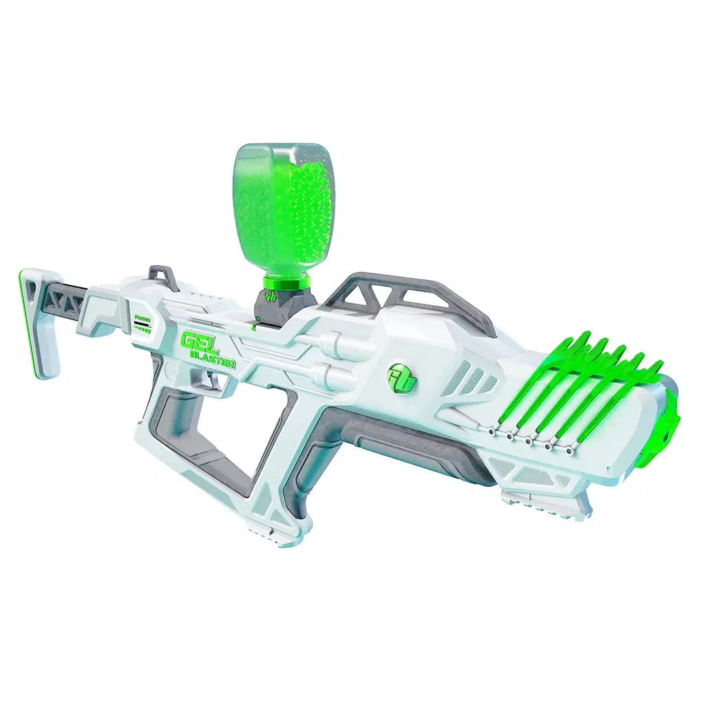 The surge XL is a toy blaster that fires gellets (water filled squishy orbs) and is shaped like a rifle with a stock and is fed from a hopper at the middle of the top of the blaster