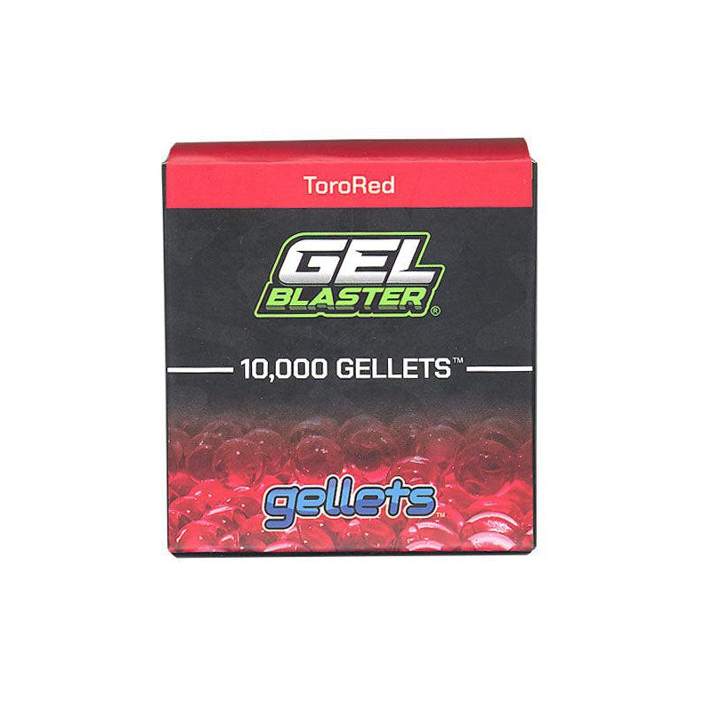 box with the gellets and gell blaster logo images on it and a pile of red gellets