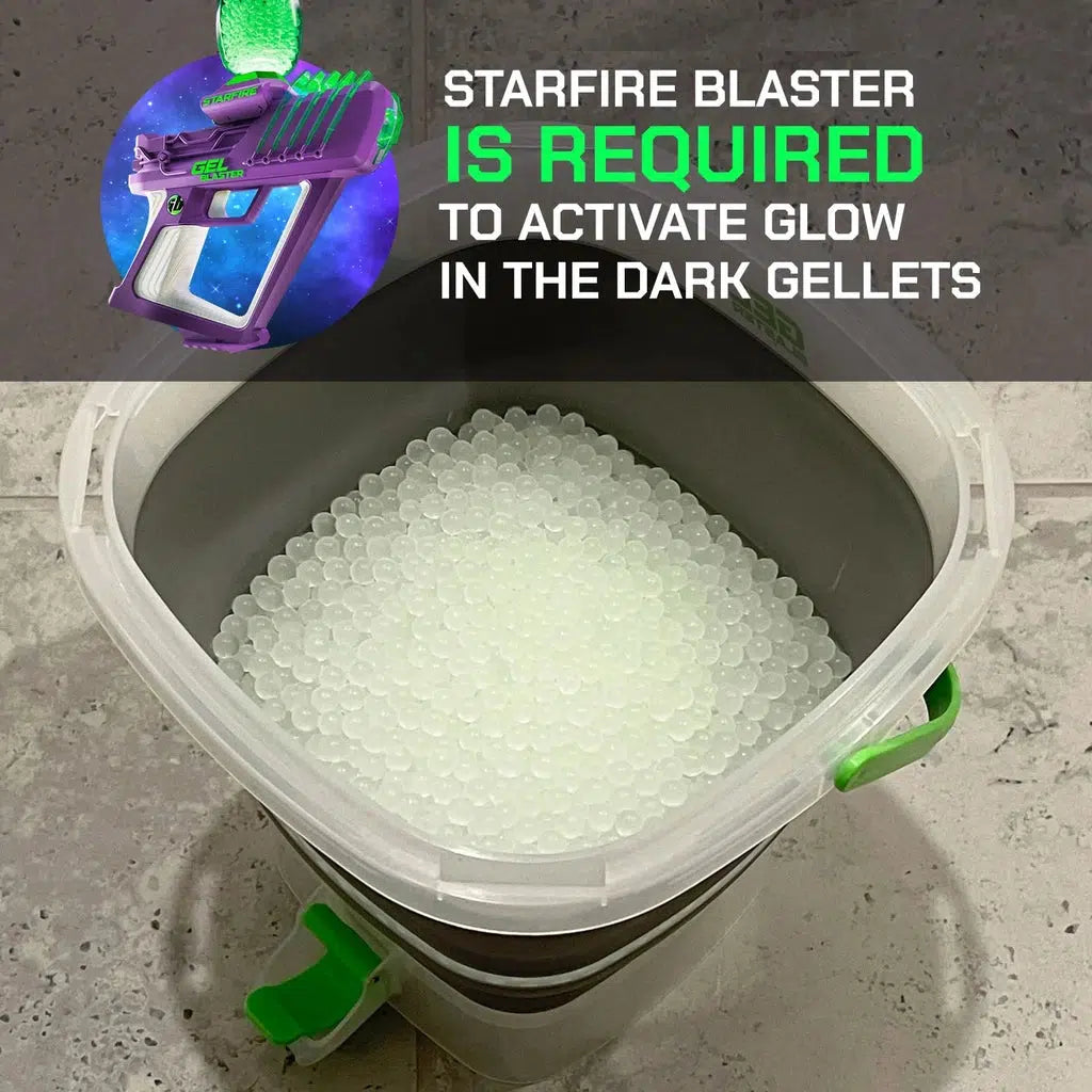 Bucket of starfire gellets. Text overlay reads: Starfire blaster is required to activate glow in the dark gellets.