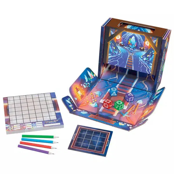 the game has a board, pencils and paper, and colored dice