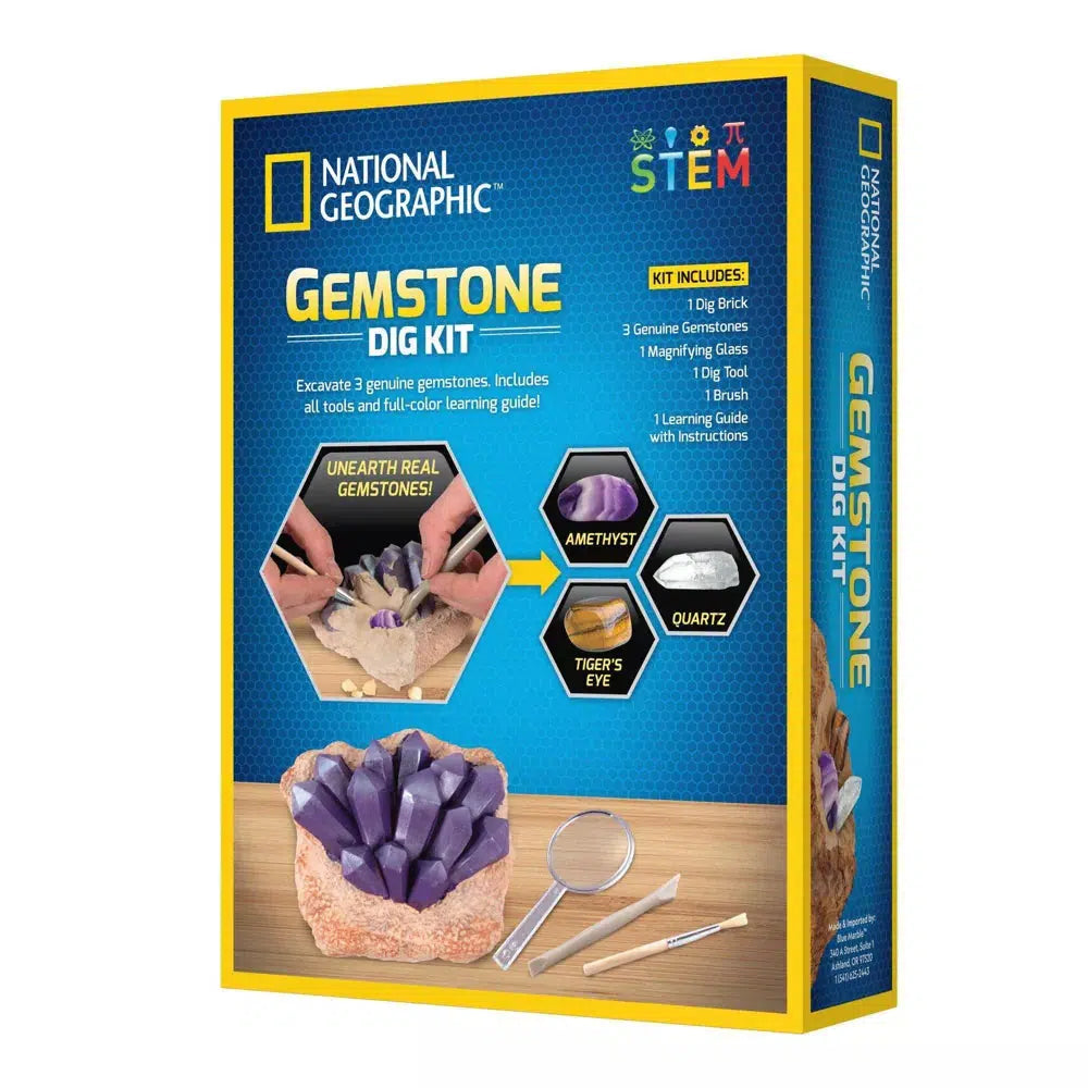 the back of the gemstone dig kit box. a sign shows the kit includes, a dig brick, 3 gemstones, a magnifying glass, a dig tool, a brush, and a learning guide with instructions on digging. another sign shows hands unearthing gems, the amythest, quarts and a tiger's eye. 