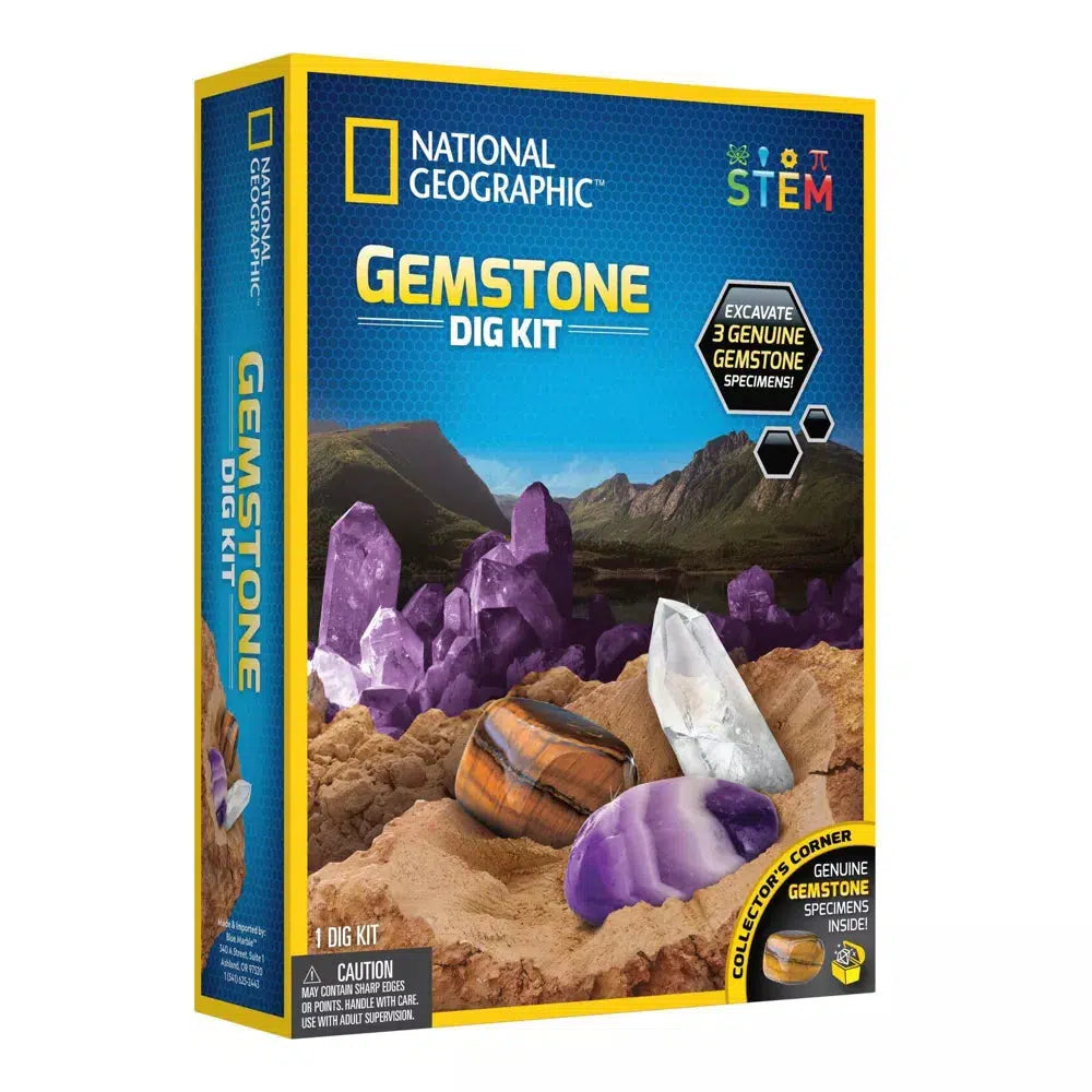 The national geographic gemstone dig kit, a genuine gemstone specimen is included inside. a sign says "excavate 3 genuine gemstones" 