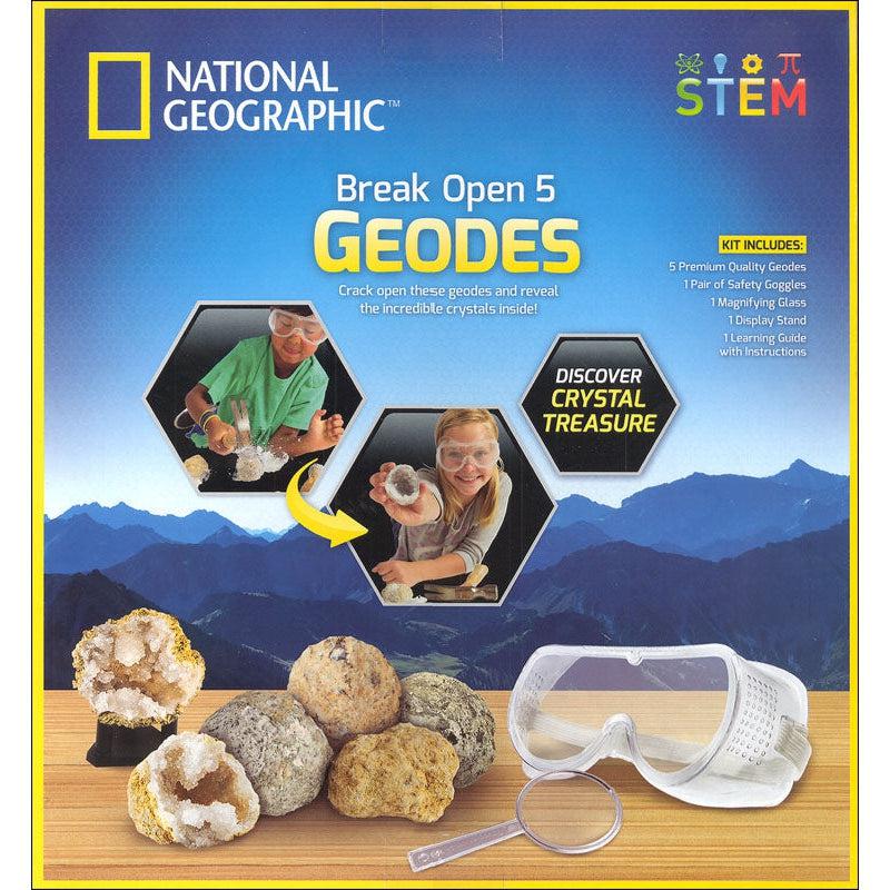 the back of the box shows an image of a child wearing safety glass while using a hammer to break open a geode, there is a display stand and magnifying glass to take a close look at the geodes inside. 