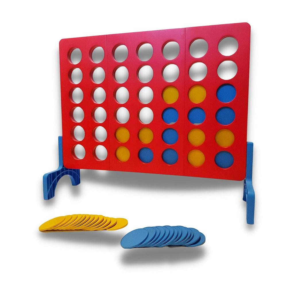 Image of the Giant 4-in-a-Row game. It is red with orange and blue chips that are slid into it.