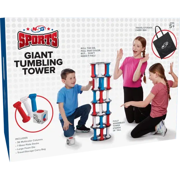 this image shows the giant tumbling tower in a box. there is a bag to put it in for portable travel and storag.e three kids are plating around the tower, pulling pins fron the tower trying to not make it fall