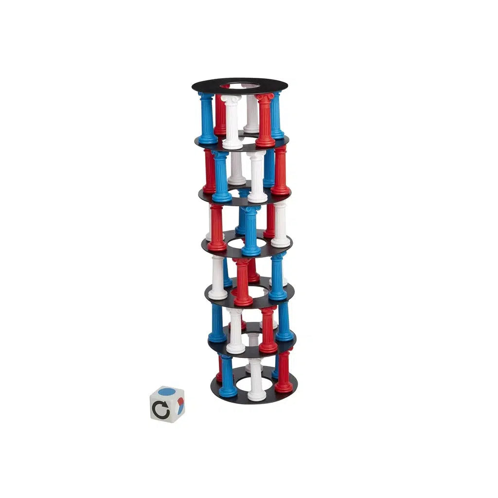 this image shows just the tower and dice. the tower has 6 black flat rings that acts as platforms for red, white, and blue pegs that make the body of the tower. 