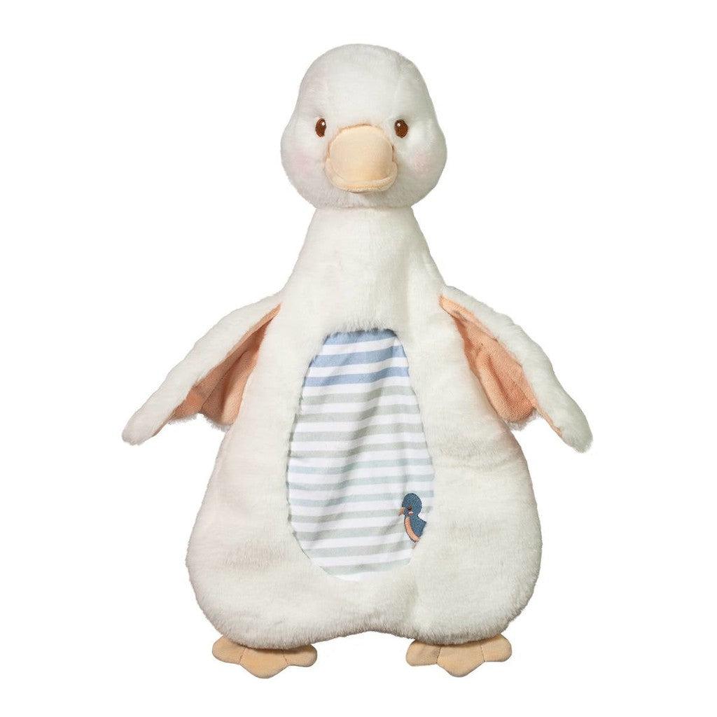 This image shows a duck plush that has little stuffing. the lack of stuffing makes the duck stuffed animal act almost like a blanket.