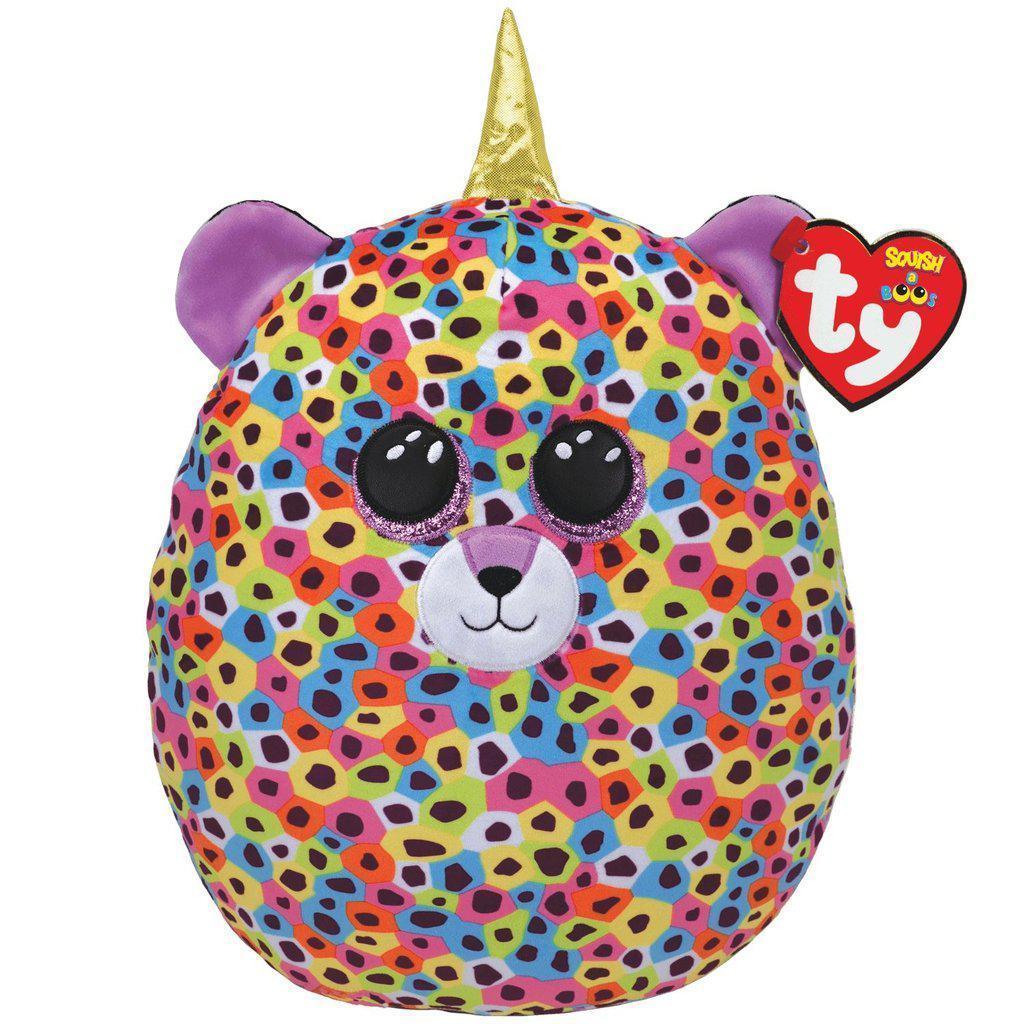 Image of the Giselle the Leopardcorn Squish-A-Boo plush. It  has rainbow spots all over with a dark purple spot in the center of each one. She has purple ears, shiny purple eyes, and a golden horn.