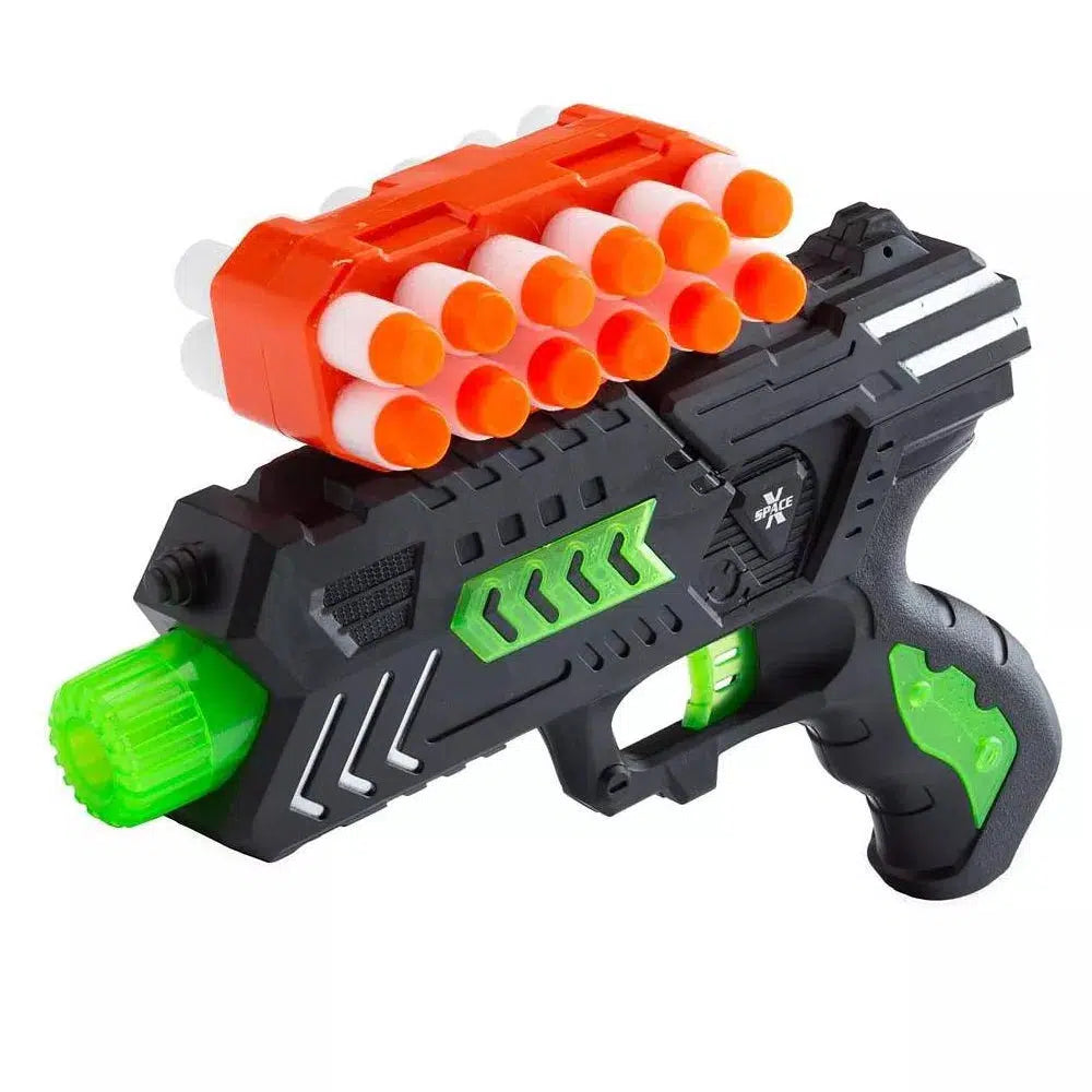 this image shows a blaster and 12 darts attached to the top for some rootin tootin fun