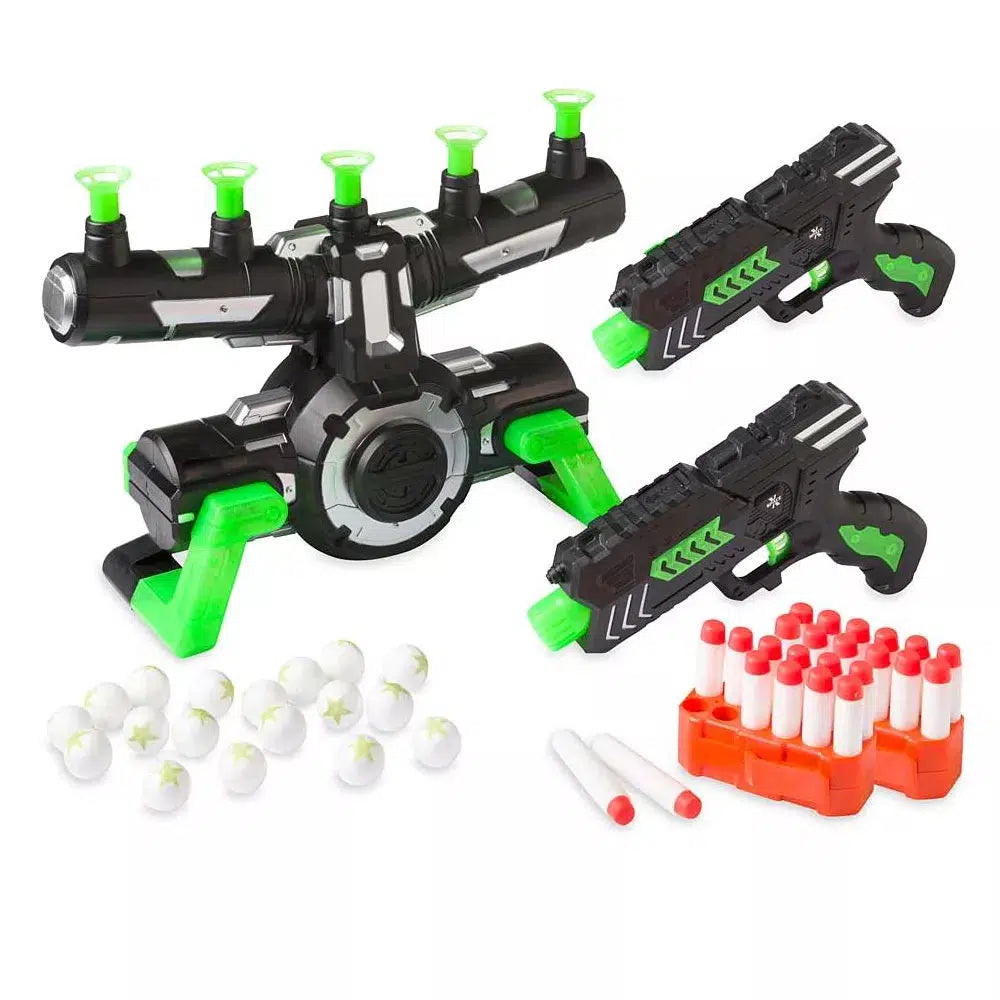 this image shows two plasters, 24 darts on a cartage that holds 12 each. there is a machine that has 5 stands and shoots air to put glow in the dark targets in the air