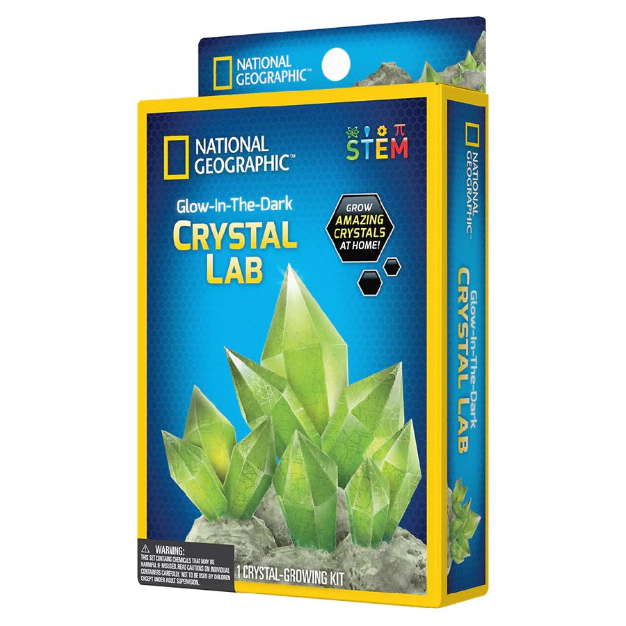 This image shows the picture for the glow in the dark crystal lab. green crystals are shown on the box, with the  sign "Grow amazing crystals at home"