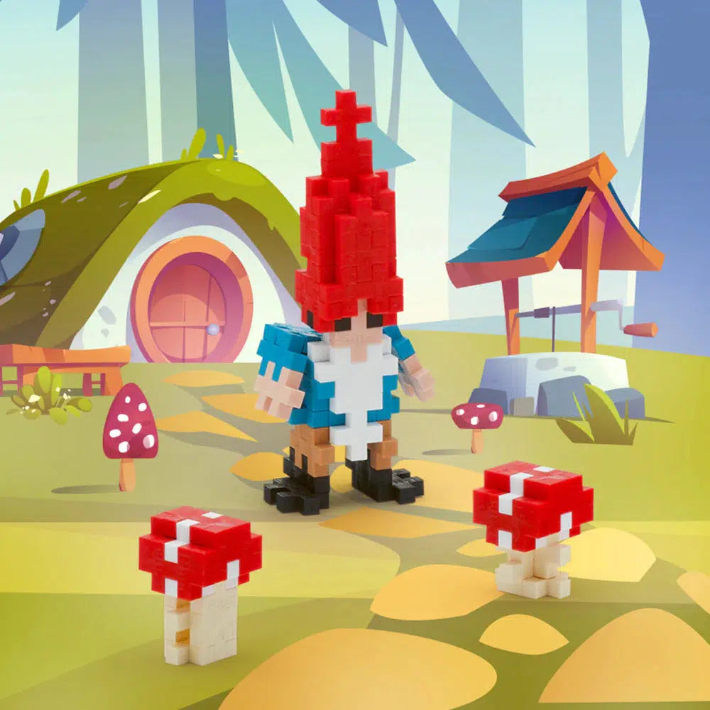 this picture shows the gnome fully built with a large hat and the two mushrooms in a colorgul backdrop with a burrow house and a well in the background