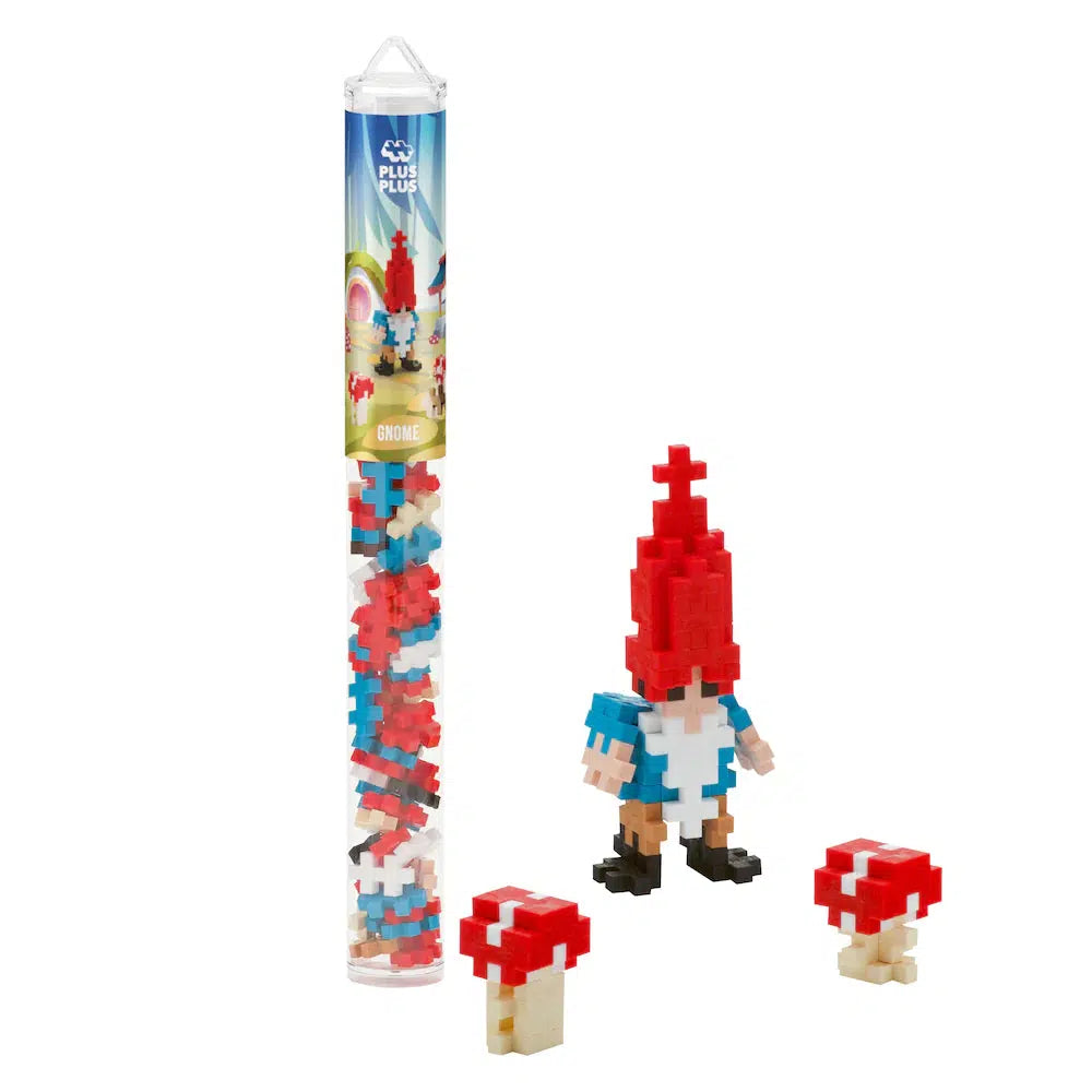 this image shows a plastic tube full of plus shaped pieces to interlock together to make a garden gnome and two mushrooms. there are colors of blue, red, white, and a tan color. 