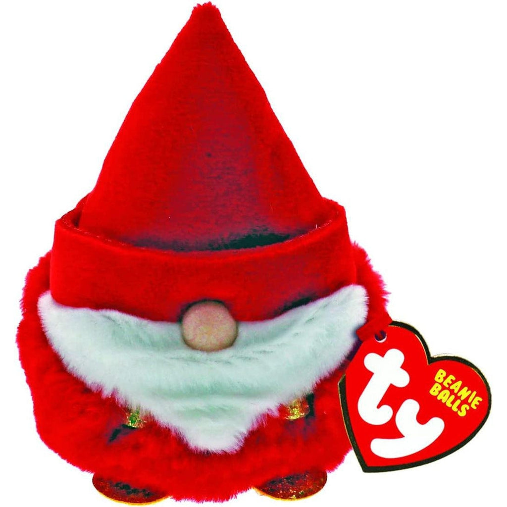 Image of the Gnorbie Gnome Round Puff plush. It is a gnome sphere with a completely red outfit, white beard, long tan nose, and a tall red gnome hat. You can't see his eyes.