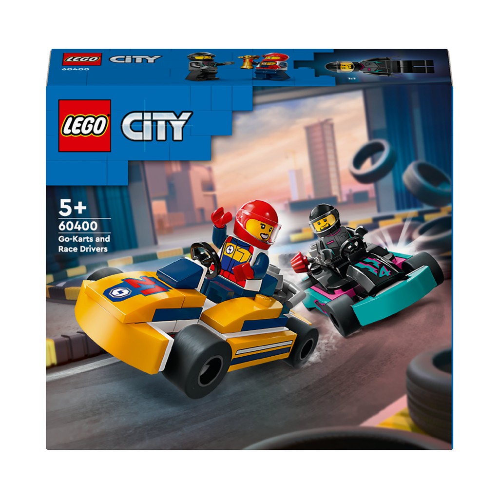 the LEGO city go karts features 2 carts and Minifigures. 