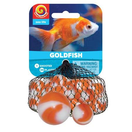 Image of the Goldfish glass marbles. They are half opaque white and half opaque orange.