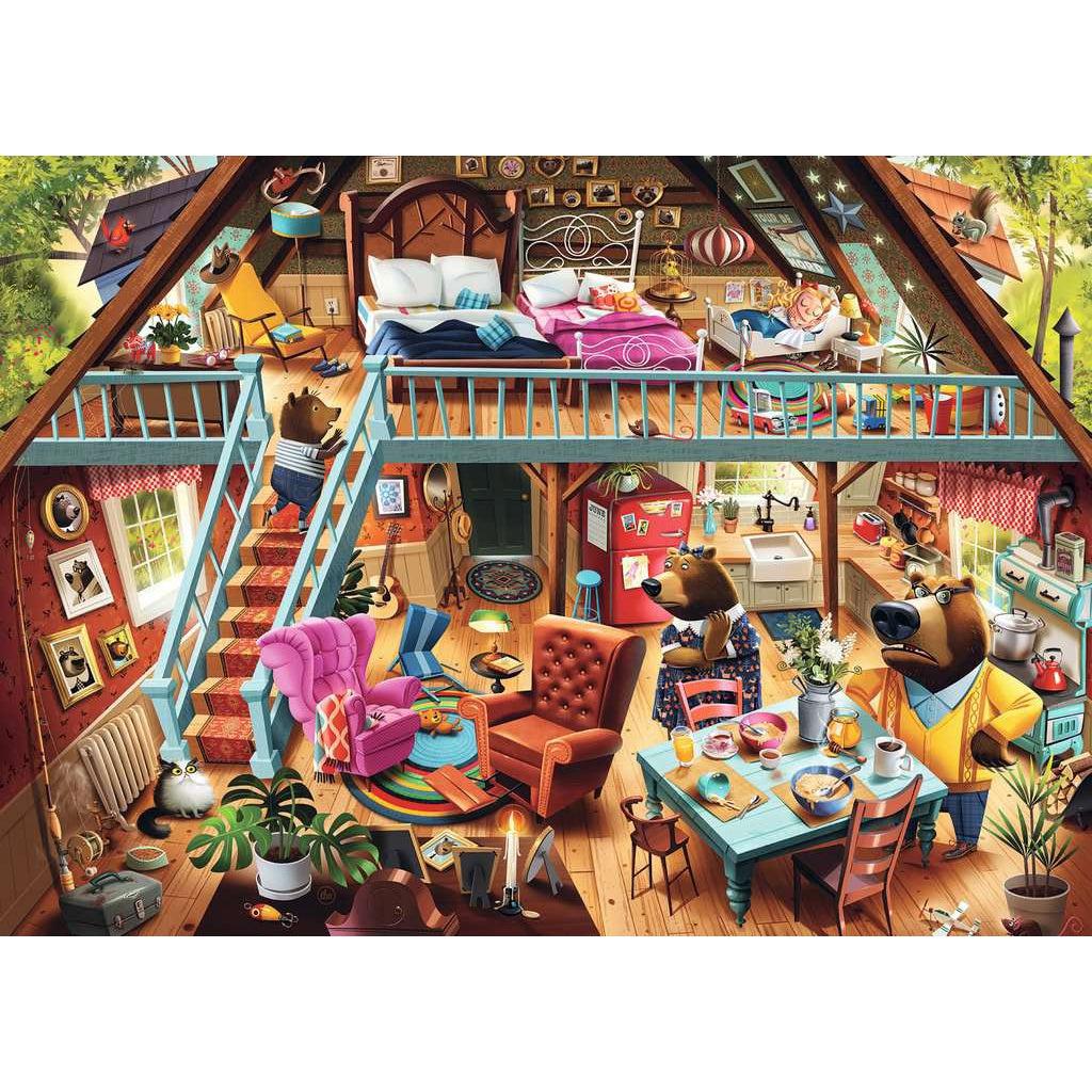 Image of the finished puzzle. It is a picture of a slice of the three bear's house. It shows the chairs, the half-eatedn bowls of porridge, and Goldilocks sleeping in a bed