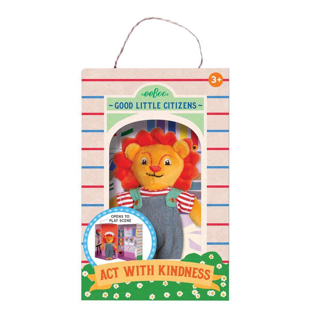the lion is a good little citizen, with the motto act with kindnesss. he comes in a box shaped like a bag that can be opened op as a play scene. 
