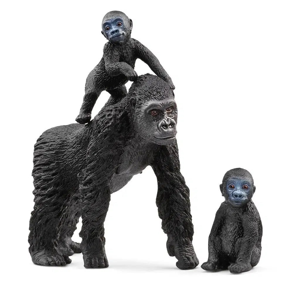 Image of the Gorilla Family figurine set. It comes with a mother gorilla and two baby gorillas, one separate and one on the moms back. All the gorillas have black skin and fur.