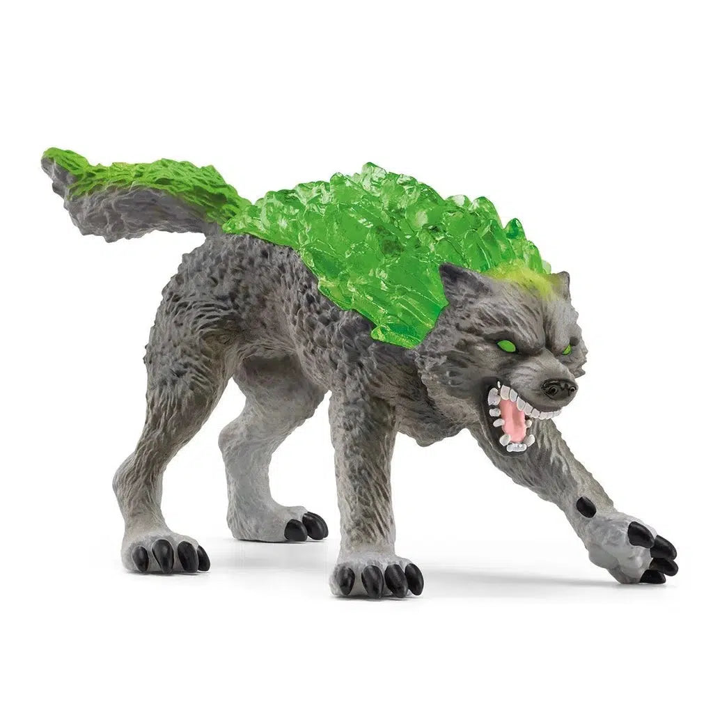 Image of the Granite Wolf figurine. It is a grey wolf with green crystals growing out of its back.