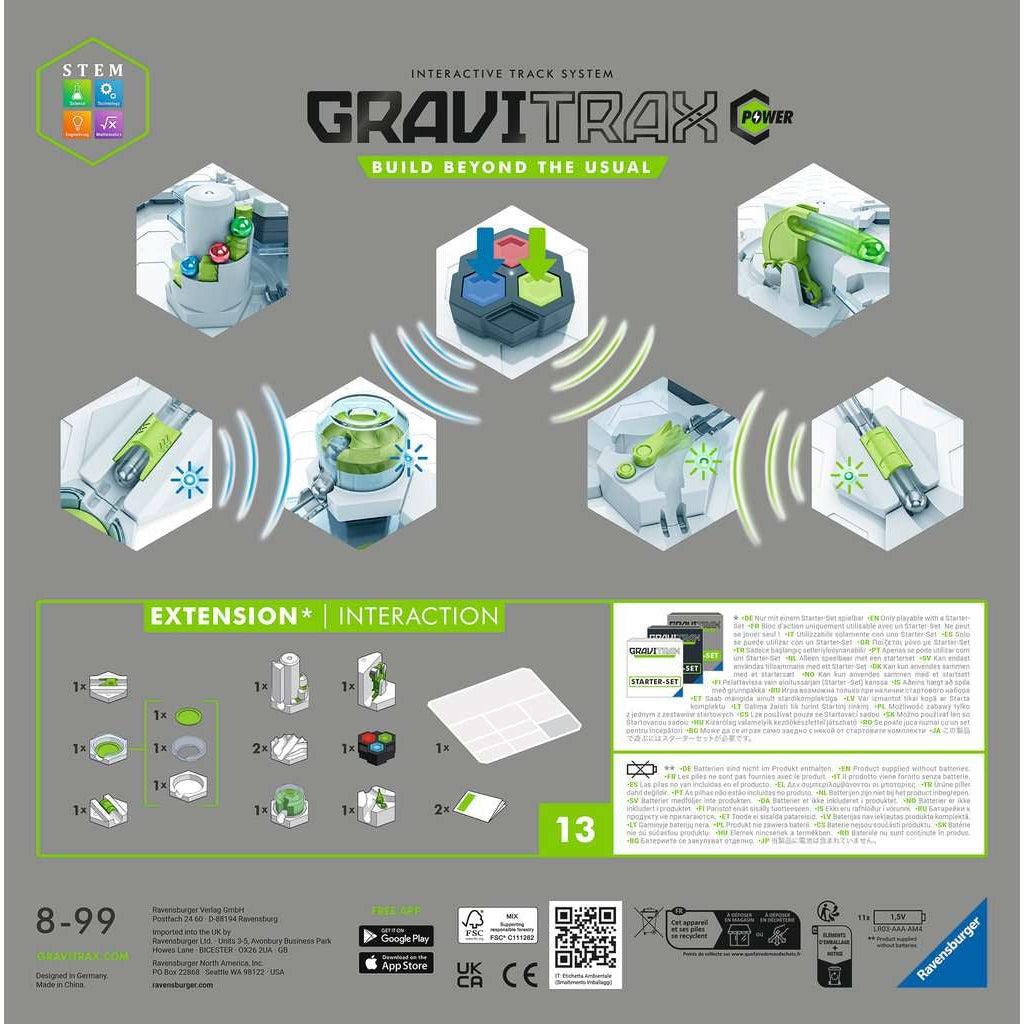 Image of the back of the Gravitrax box. It shows pictures of the POWER pieces in motion communicating to each other with radio signals. It also shows a count of all the contents of the set.