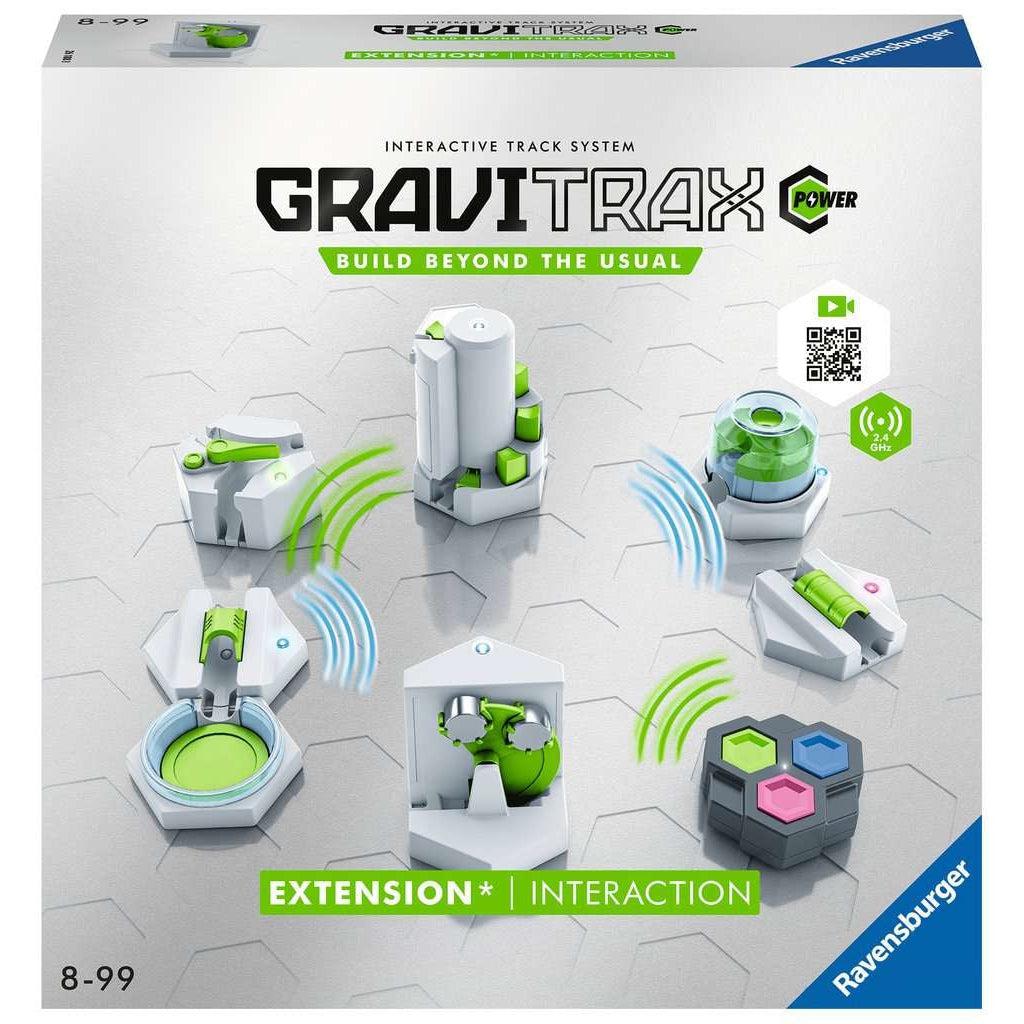 Front of Gravitrax box. Displays pictures of the POWER extension pieces included in the set. It shows lines suggesting they use radio signals to communicate.