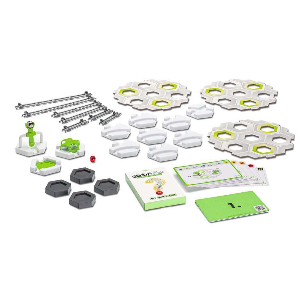 Image of the included game pieces. It includes bases to build on, tracks, interections, task cards, and instructions.