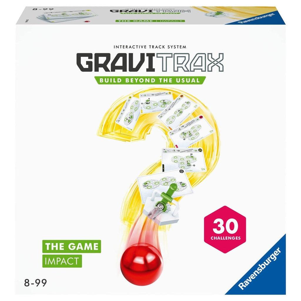 Image of the box for the GraviTrax The Game: Impact. On the front are different task cards put into the shape of a question mark.