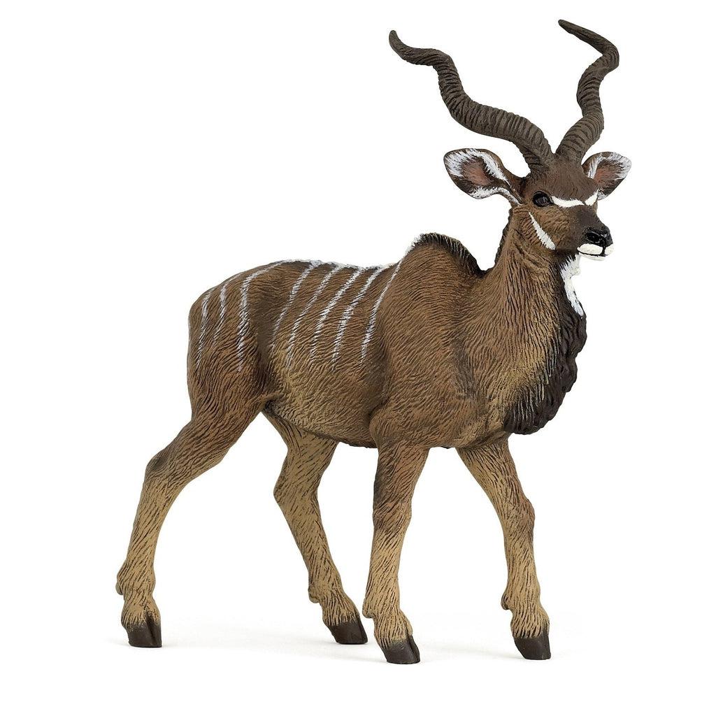 Image of the Great Kudu figurine. It is a dark brown animal with white stripes and long curvy horns. It has a lump at the base of its neck.
