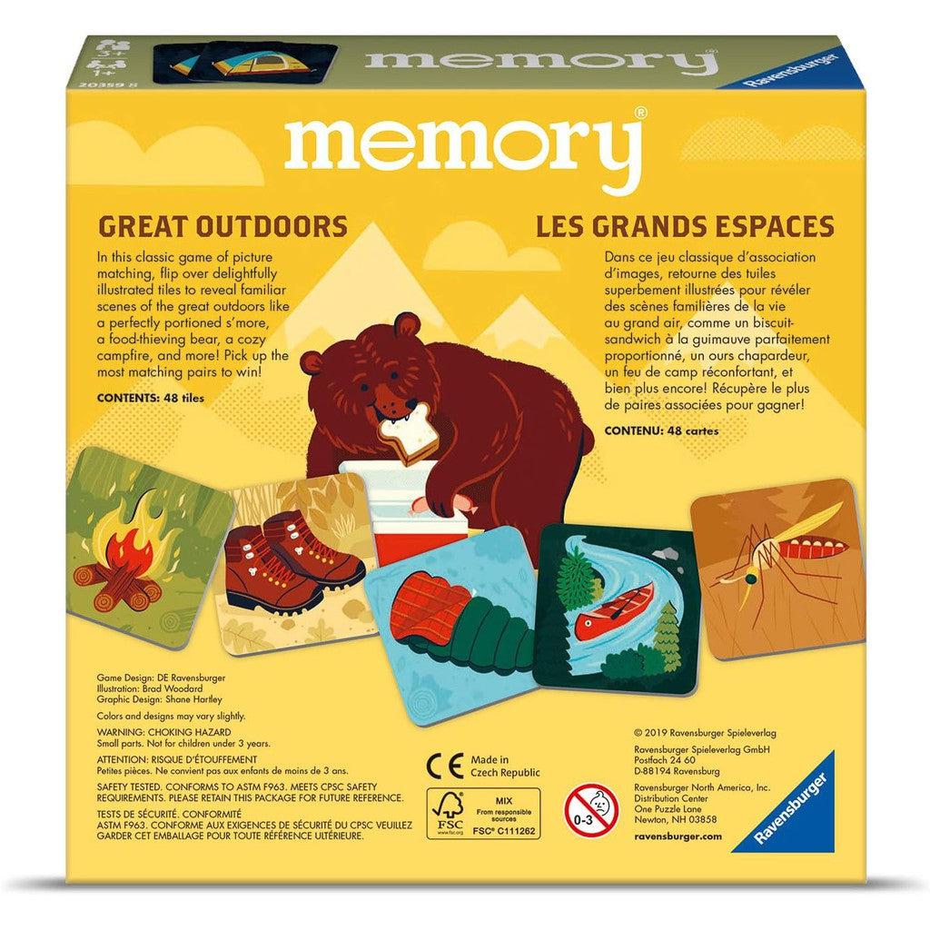 the back of the box says "great outdoors, in this classic game of picture matching, flip over delightfully illustrated tiles to reveal familiar scenes of the great outdoors, like a peacefully portioned s'more, a food thieving bear, a cozy campfire, and more! 