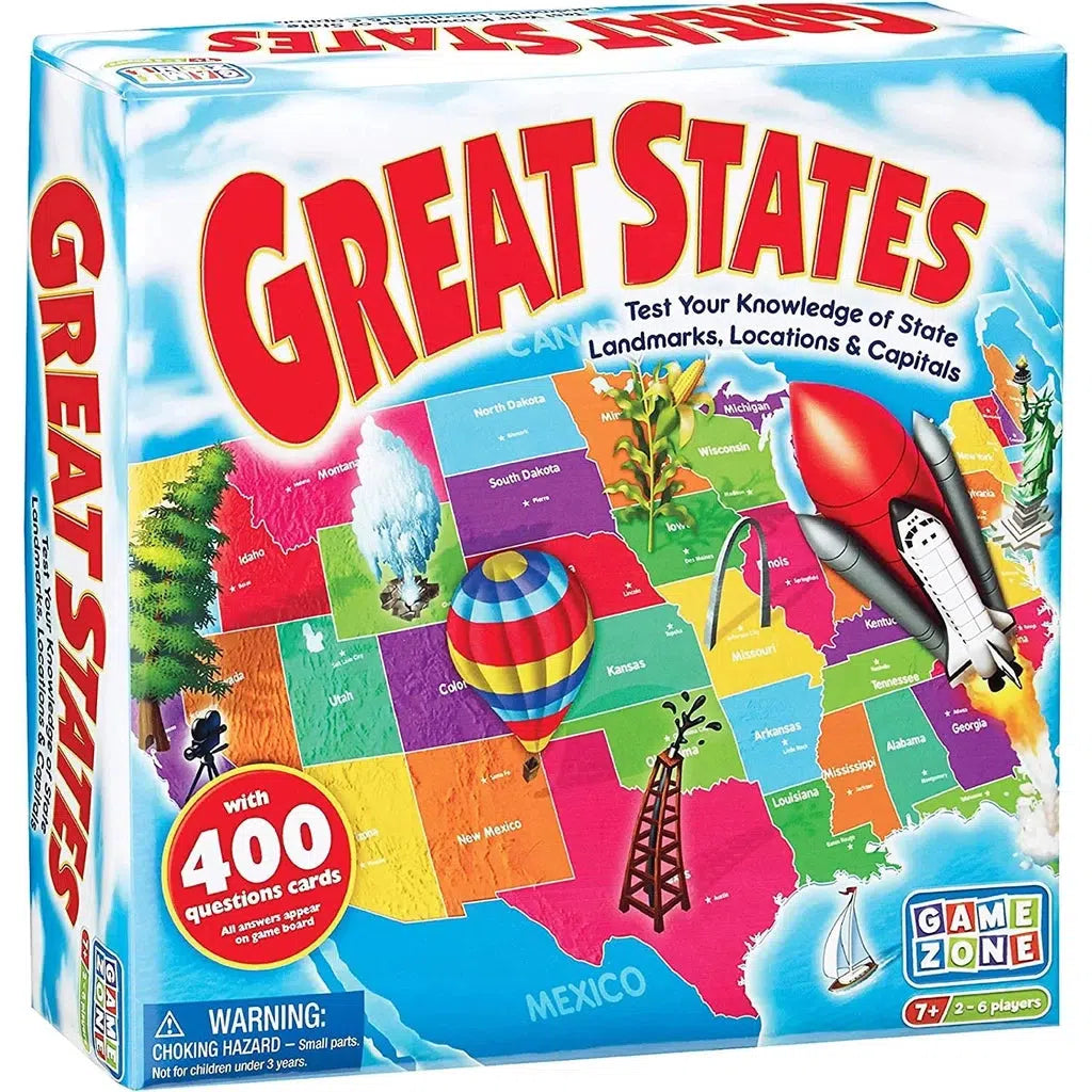Picture of the box of the game, Titled Great States, Test your knowledge of state landmarks,locations & Capitals. The game has 400 question cardds and shows various colorful landmarks over the United States