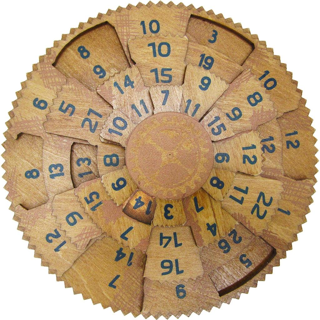 The puzzle is a wooden circle with multiple movable numbered layers. 