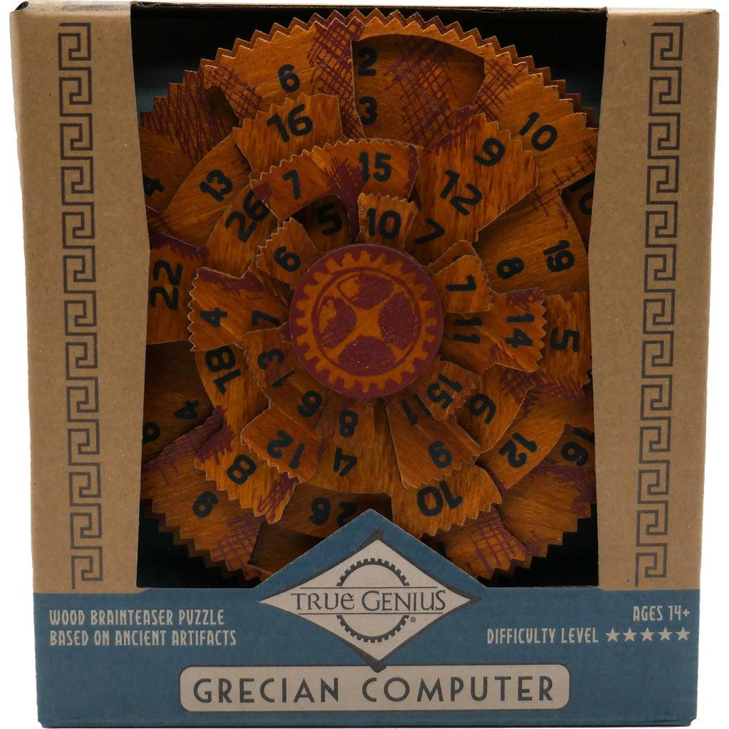 Image of the packaging for the Grecian Computer brain teaser puzzle. Part of the front is cut away so you can touch and see the toy inside.