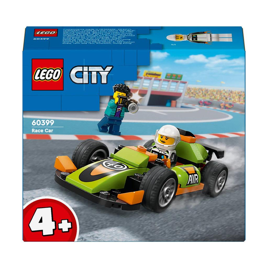 the LEGO city Green race car is a small green car that comes with a LEGO minifigure racer