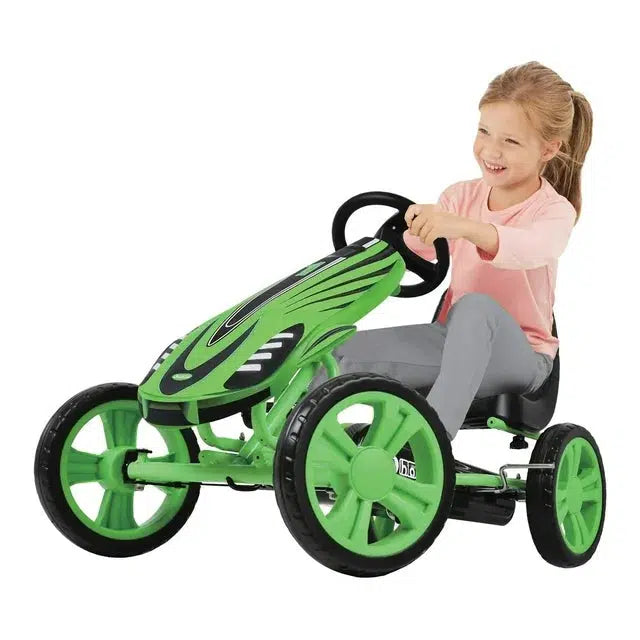 image shows a girl riding the kart. the jart iself has a very sharp front angle, keeping the child in the back on a chair