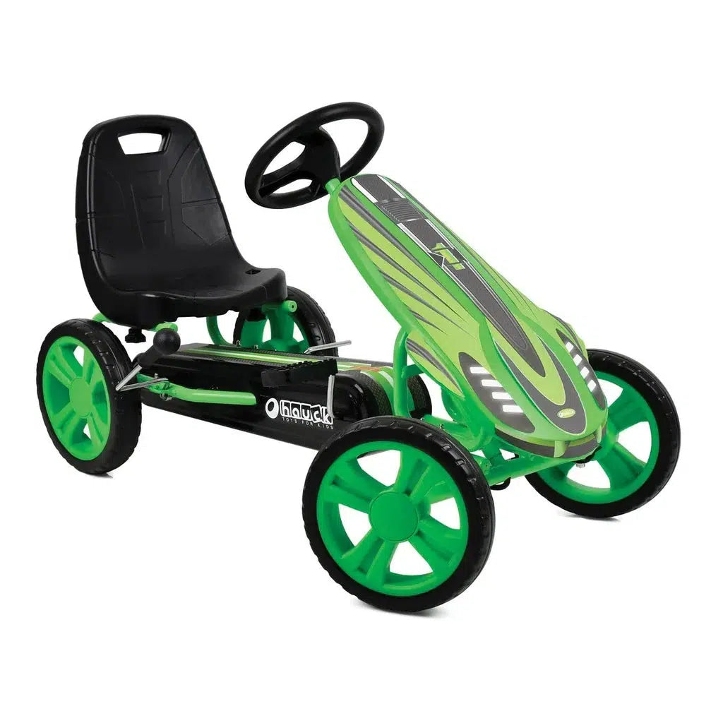 this image shows the speedster in green color. there is a char, wheel and brakes for a small child to drive around with!