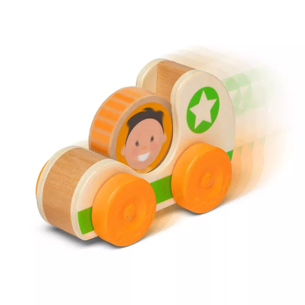 Image of the star car outside of the packaging. It is a wooden car with green racing stripes, orange wheels, and a removable wooden person disk.