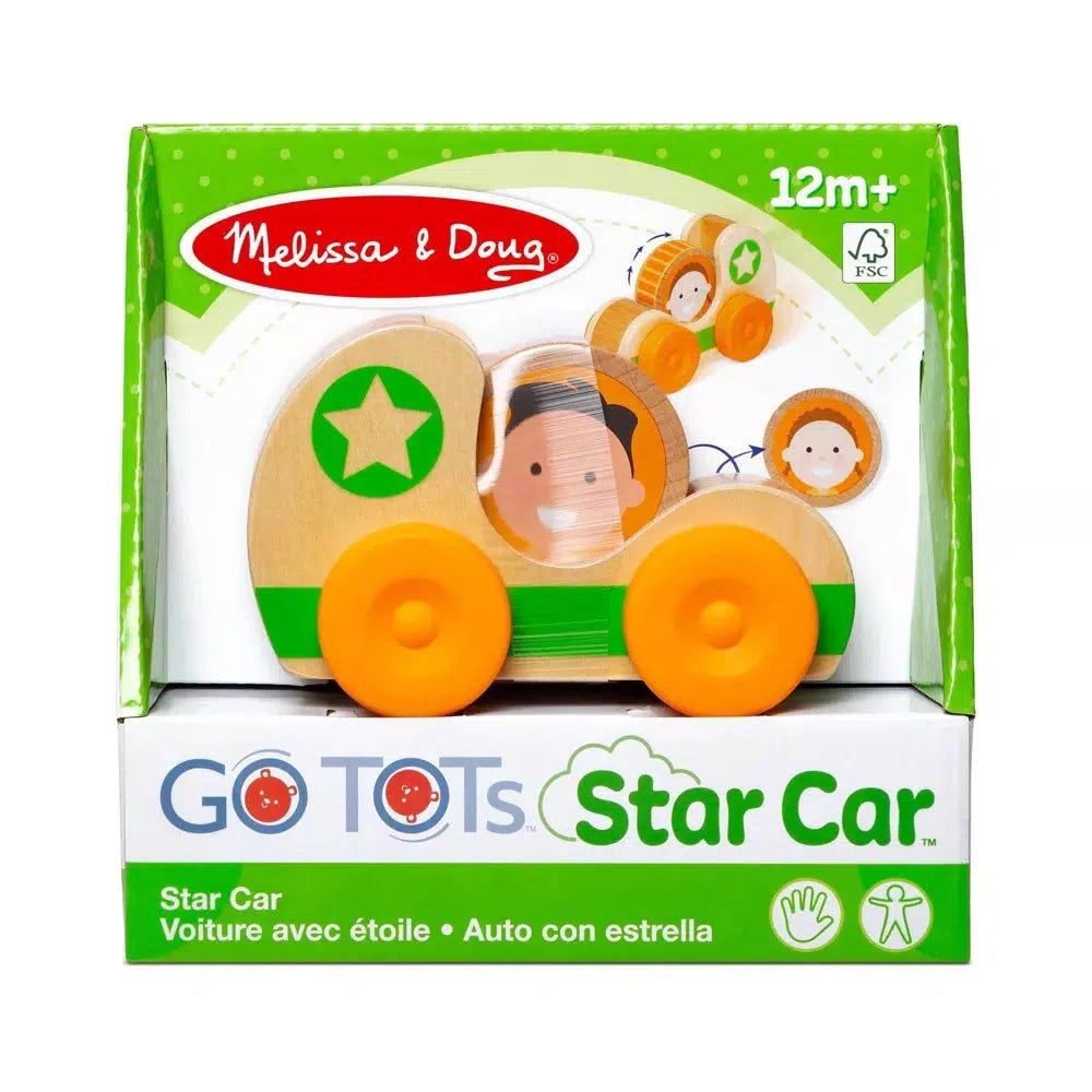 Image of the packaging for the Green Star Car GO TOTS toy. Part of the front is cut away and covered with some clear plastic so you can see and touch the toy inside.