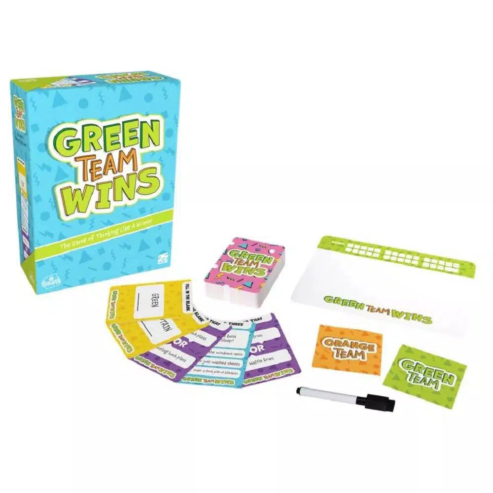 This image shows the cards that come with the game, the prompts for green team wins, a board and marker to write the awnser, and a card for the green and orange team