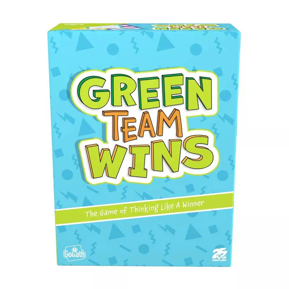 this image shows the box for green team wins. the game of thinking like a winner. the text is green over a blue box